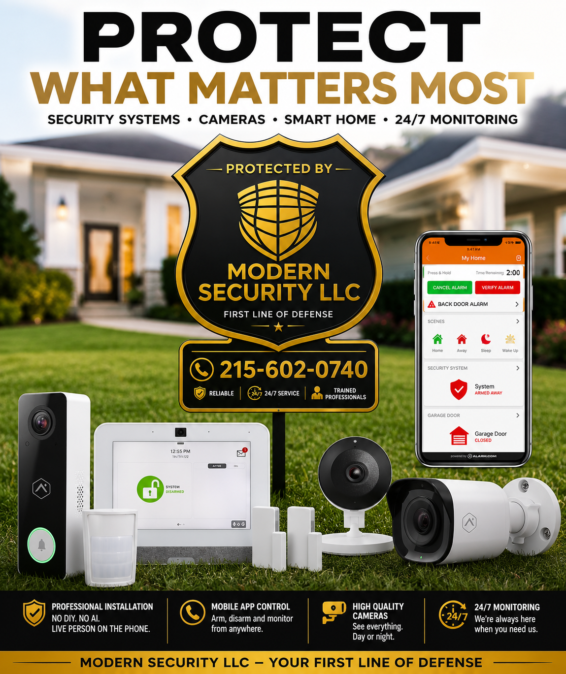 Modern Security LLC — Protect What Matters Most. Security systems, cameras, smart home, and 24/7 monitoring. Call 215-602-0740.